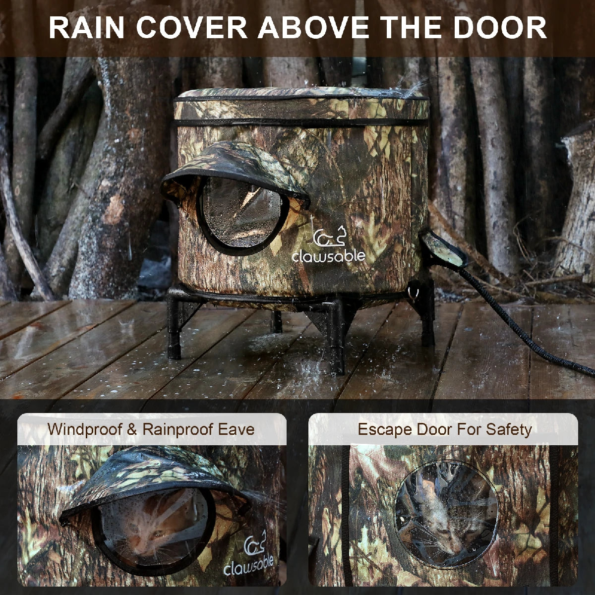 Outdoor cat house with waterproof rain cover and windproof eave, featuring a safe escape door for cats to stay dry and protected in the rain.