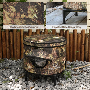 Camouflage outdoor cat house with leaf-pattern fabric that blends in with nature, featuring an elevated base to keep it dry and clean outdoors.