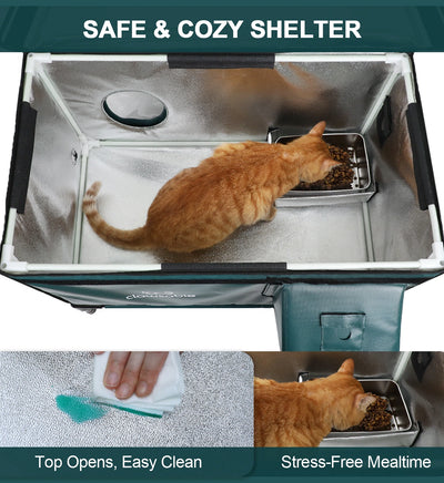Cat eating inside Clawsable heated shelter with easy-to-clean thermal interior