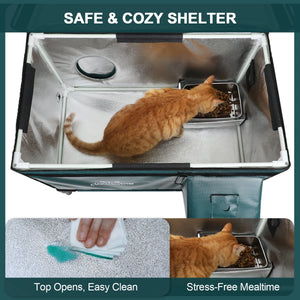 Cat eating inside Clawsable heated shelter with easy-to-clean thermal interior