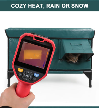 Thermal imaging test showing the heat retention of a green heated outdoor cat house, keeping cats warm and cozy in rain or snow