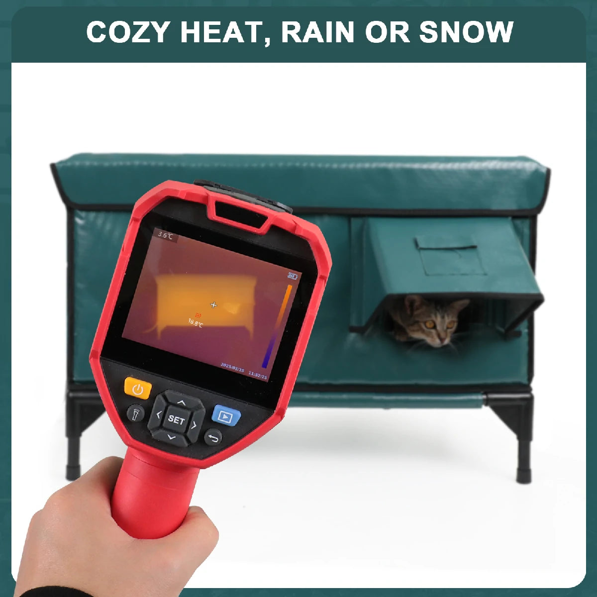 Thermal imaging test showing the heat retention of a green heated outdoor cat house, keeping cats warm and cozy in rain or snow