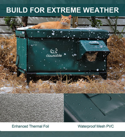 Insulated outdoor cat shelter with two cats resting in snow, designed for extreme weather