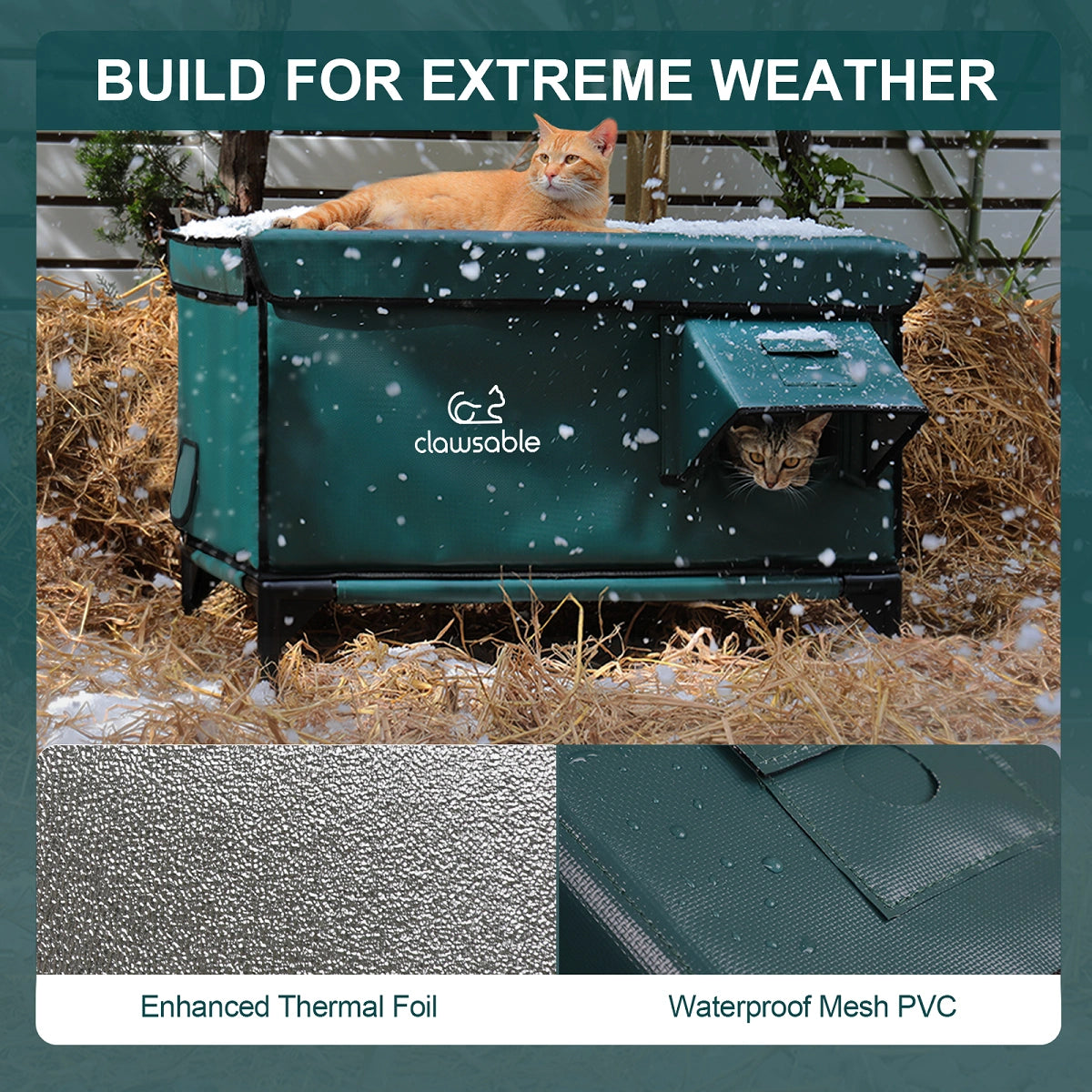 Insulated outdoor cat shelter with two cats resting in snow, designed for extreme weather