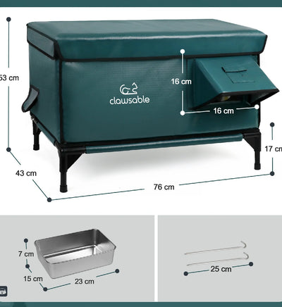 Dimensions chart of green heated outdoor cat house with detailed size measurements of entrance, elevated base, and stainless steel food tray