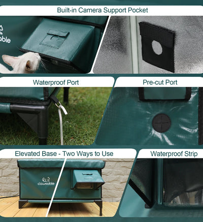 Detailed features of green waterproof heated outdoor cat house showing camera pocket, waterproof port, pre-cut design, elevated base, and waterproof strip for winter use