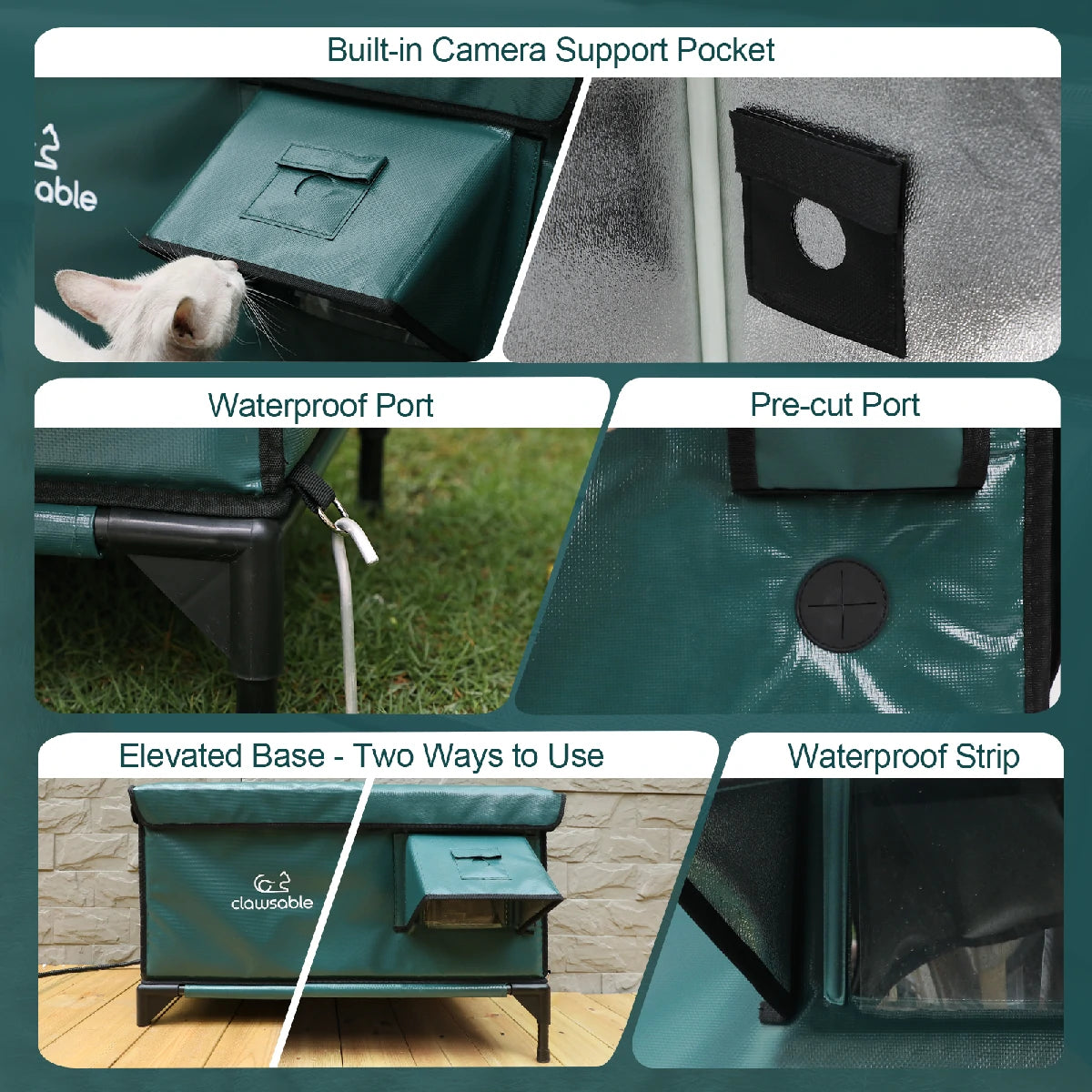 Detailed features of green waterproof heated outdoor cat house showing camera pocket, waterproof port, pre-cut design, elevated base, and waterproof strip for winter use