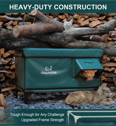 Heavy-duty outdoor heated cat shelter supporting logs and multiple cats