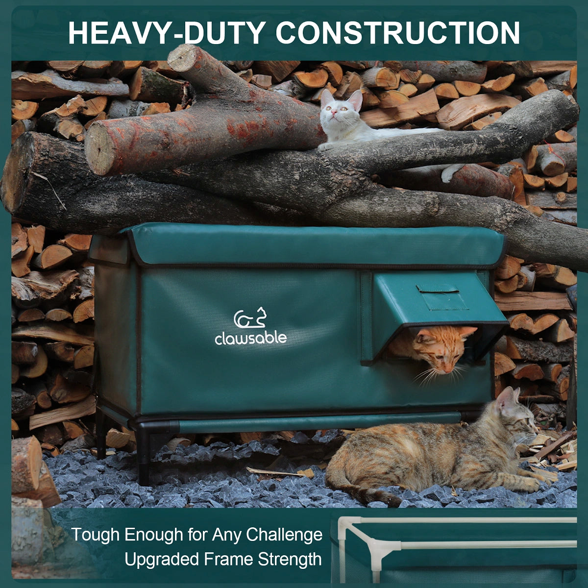 Heavy-duty outdoor heated cat shelter supporting logs and multiple cats