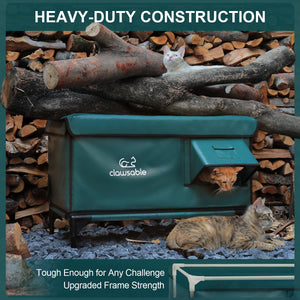 Heavy-duty outdoor heated cat shelter supporting logs and multiple cats