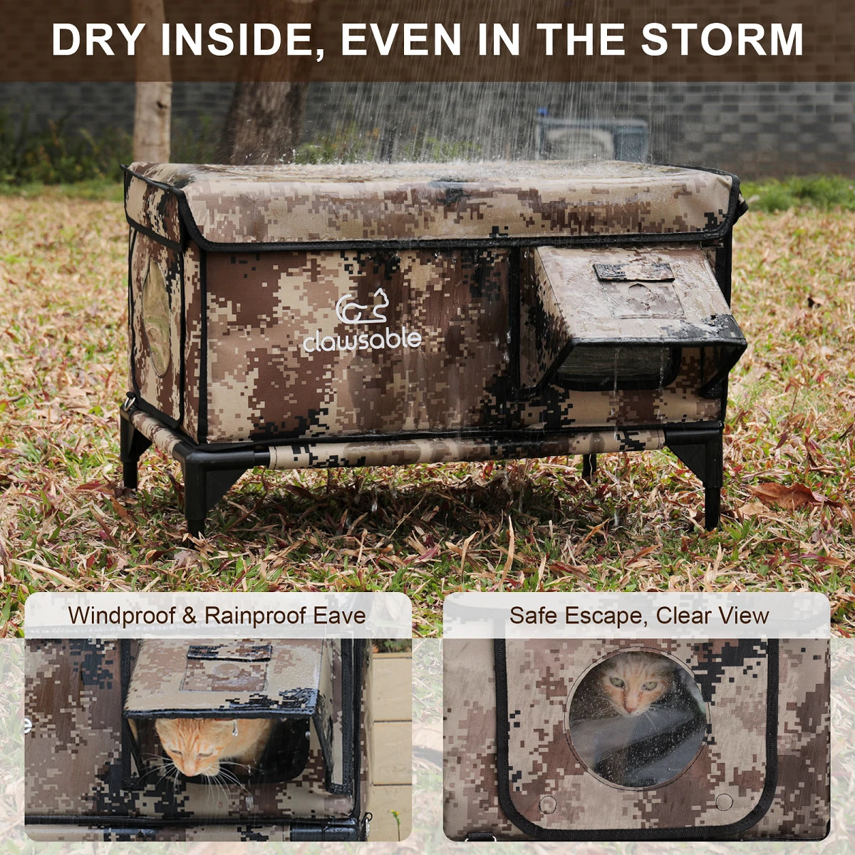 Outdoor cat house in rainstorm, windproof eave keeps it dry