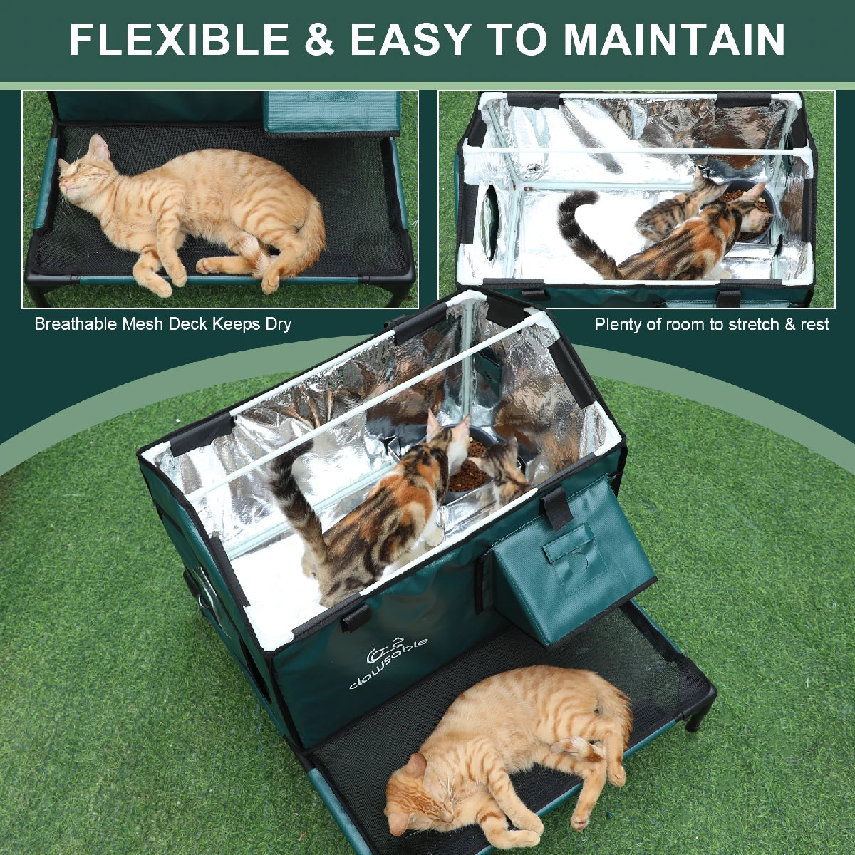 A flexible and easy-to-clean outdoor heated cat house with a breathable mesh deck and spacious interior, providing a dry, comfortable shelter for cats in all seasons.