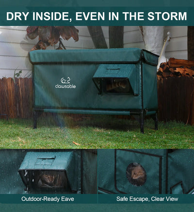 Waterproof heated cat house keeping cats dry in rainstorm with eave design