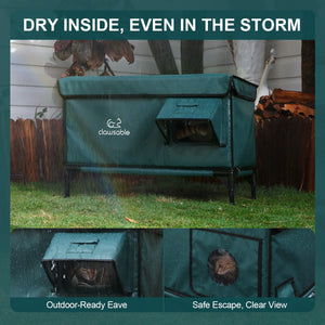 Waterproof heated cat house keeping cats dry in rainstorm with eave design