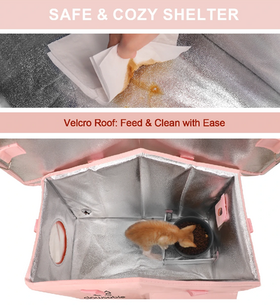 Inside view of pink heated cat house with thermal insulation for comfort