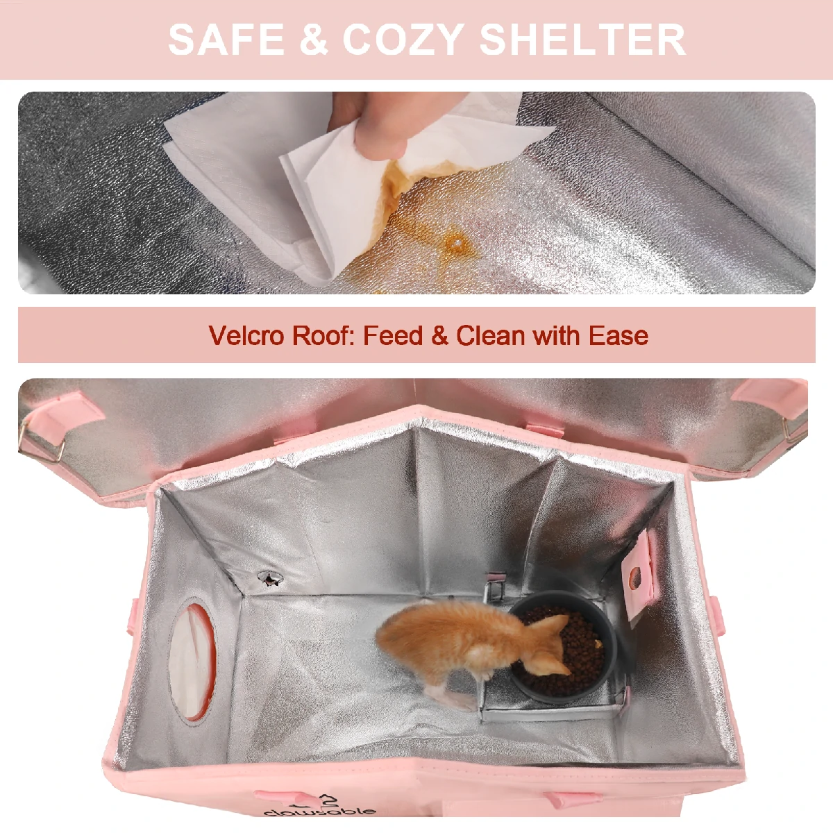 Inside view of pink heated cat house with thermal insulation for comfort