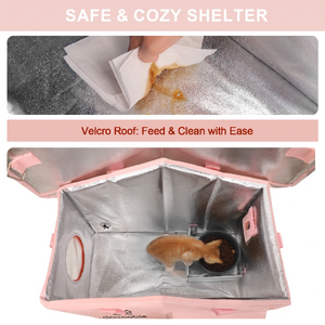 Inside view of pink heated cat house with thermal insulation for comfort