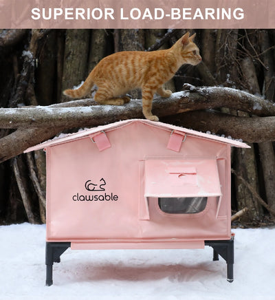 Strong frame of pink heated cat house supporting heavy weight, weatherproof design