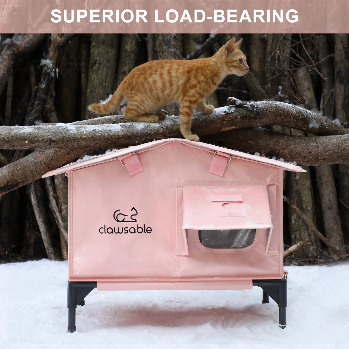 Strong frame of pink heated cat house supporting heavy weight, weatherproof design