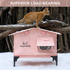 Strong frame of pink heated cat house supporting heavy weight, weatherproof design