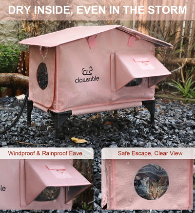 Waterproof pink heated cat house keeping outdoor cats dry in the rain