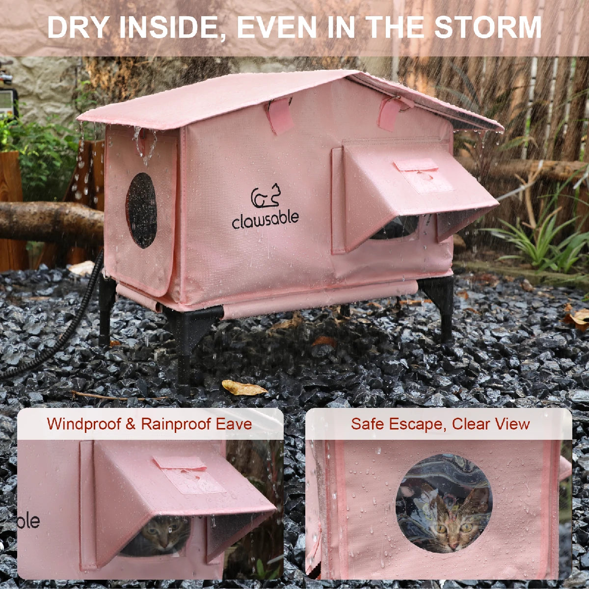 Waterproof pink heated cat house keeping outdoor cats dry in the rain