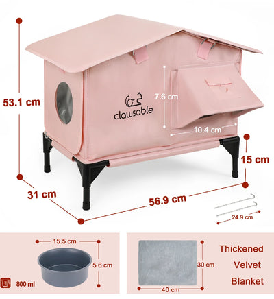 Dimensions of pink insulated cat house, large space for outdoor cats