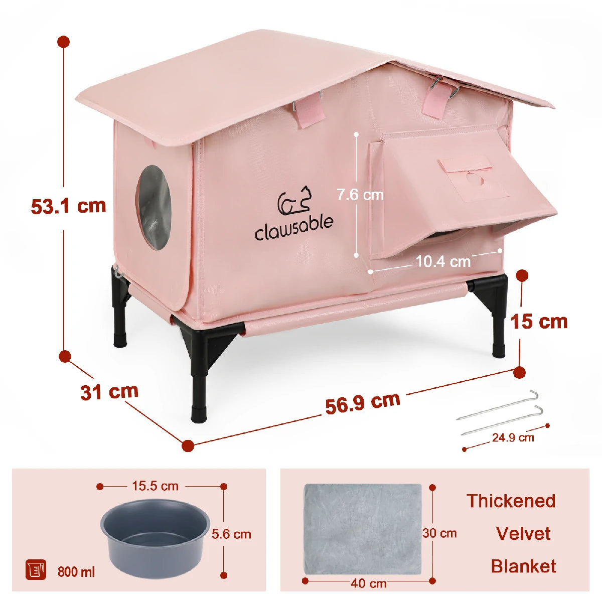 Dimensions of pink insulated cat house, large space for outdoor cats