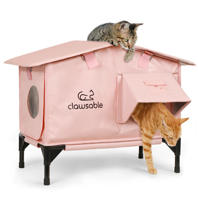 Pink insulated outdoor cat house with roof, flagship model for year-round use