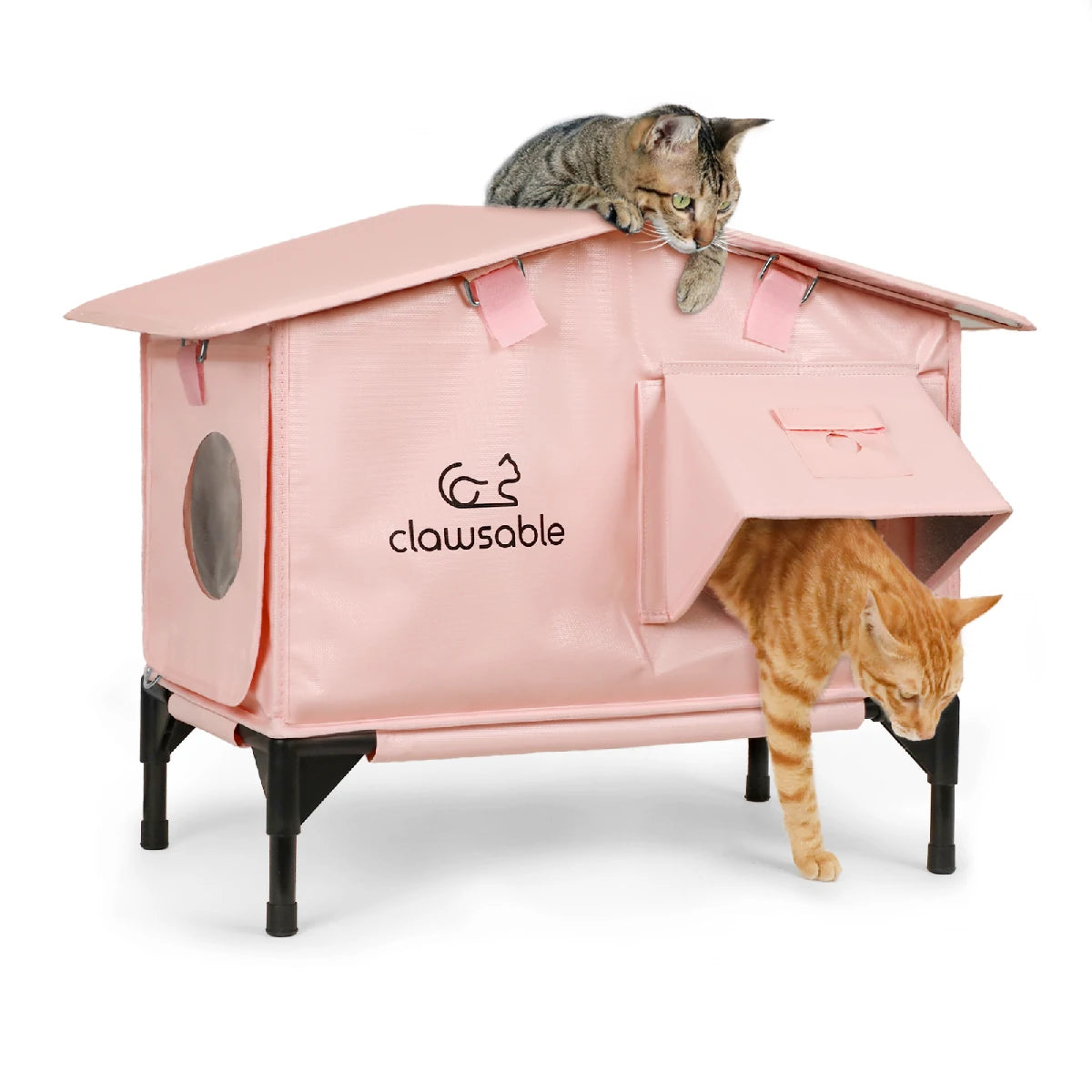Pink insulated outdoor cat house with roof, flagship model for year-round use