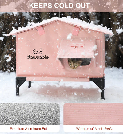 Pink insulated cat house in snow, designed for winter weather protection