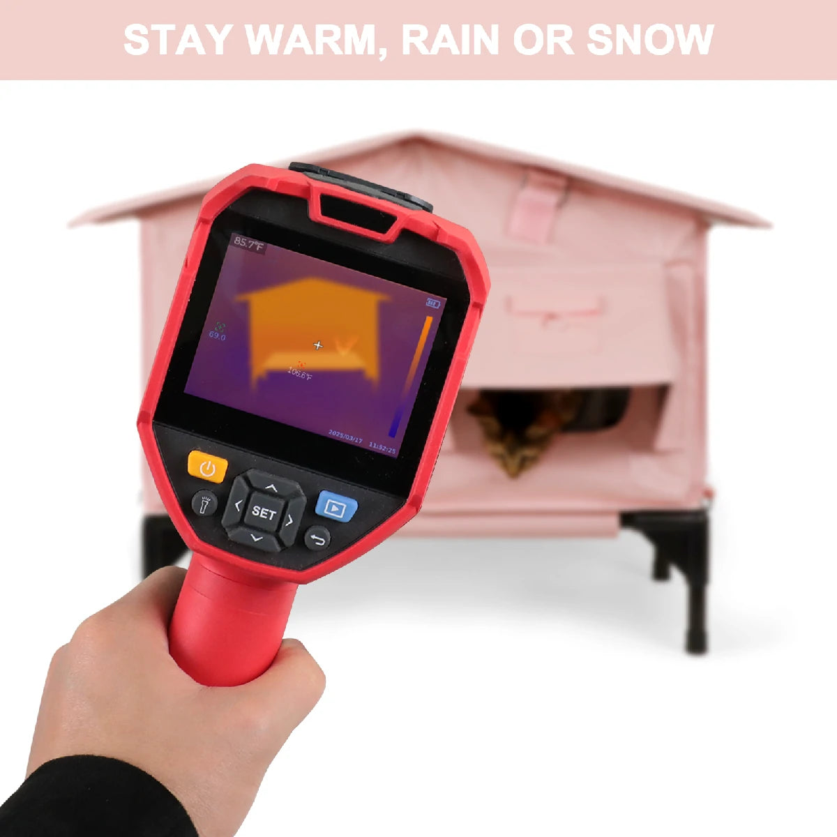 Thermal insulation of pink cat house keeping outdoor cats warm