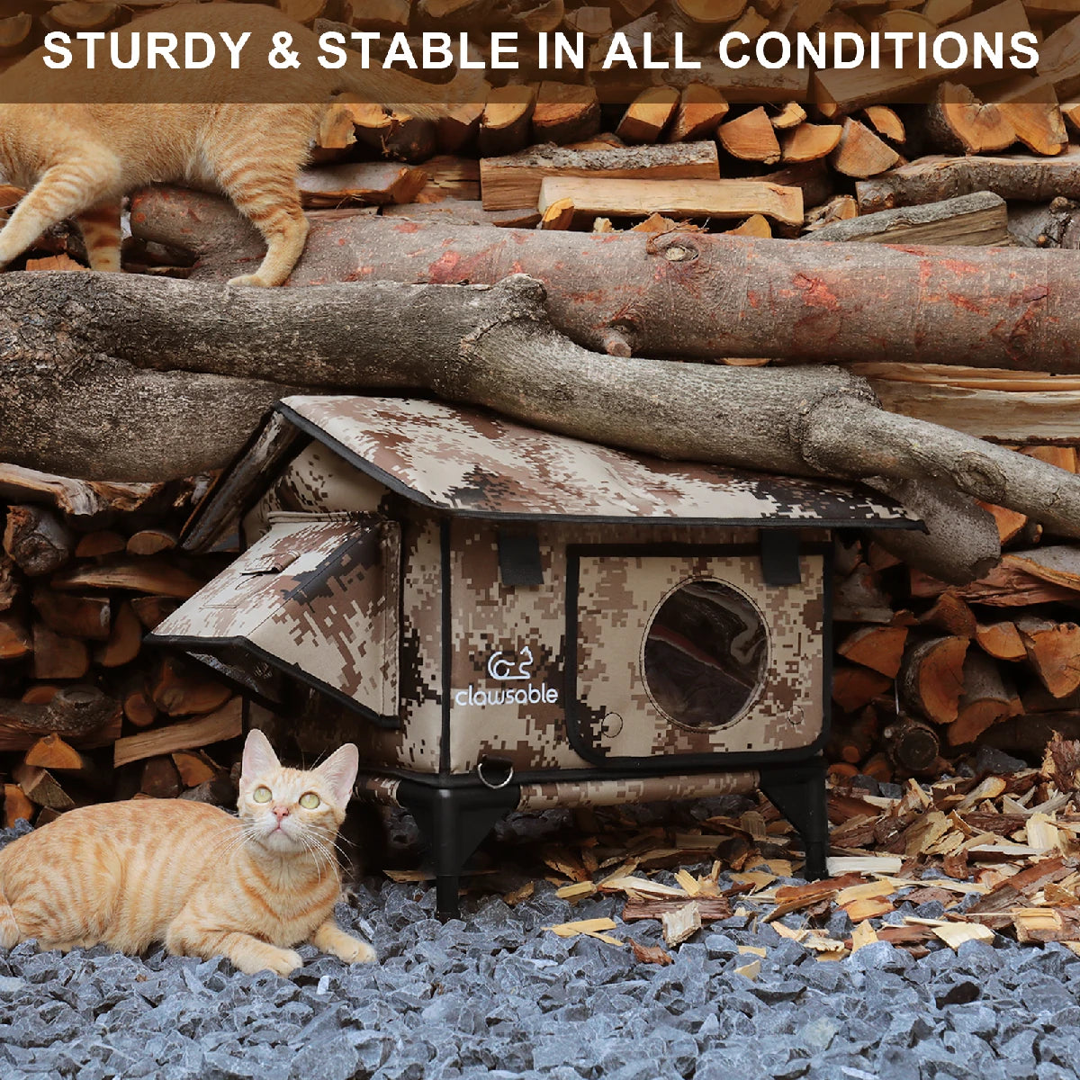 Outdoor cat house with a tough steel frame showing strong stability under heavy wood logs, remaining sturdy and safe while cats rest and walk around