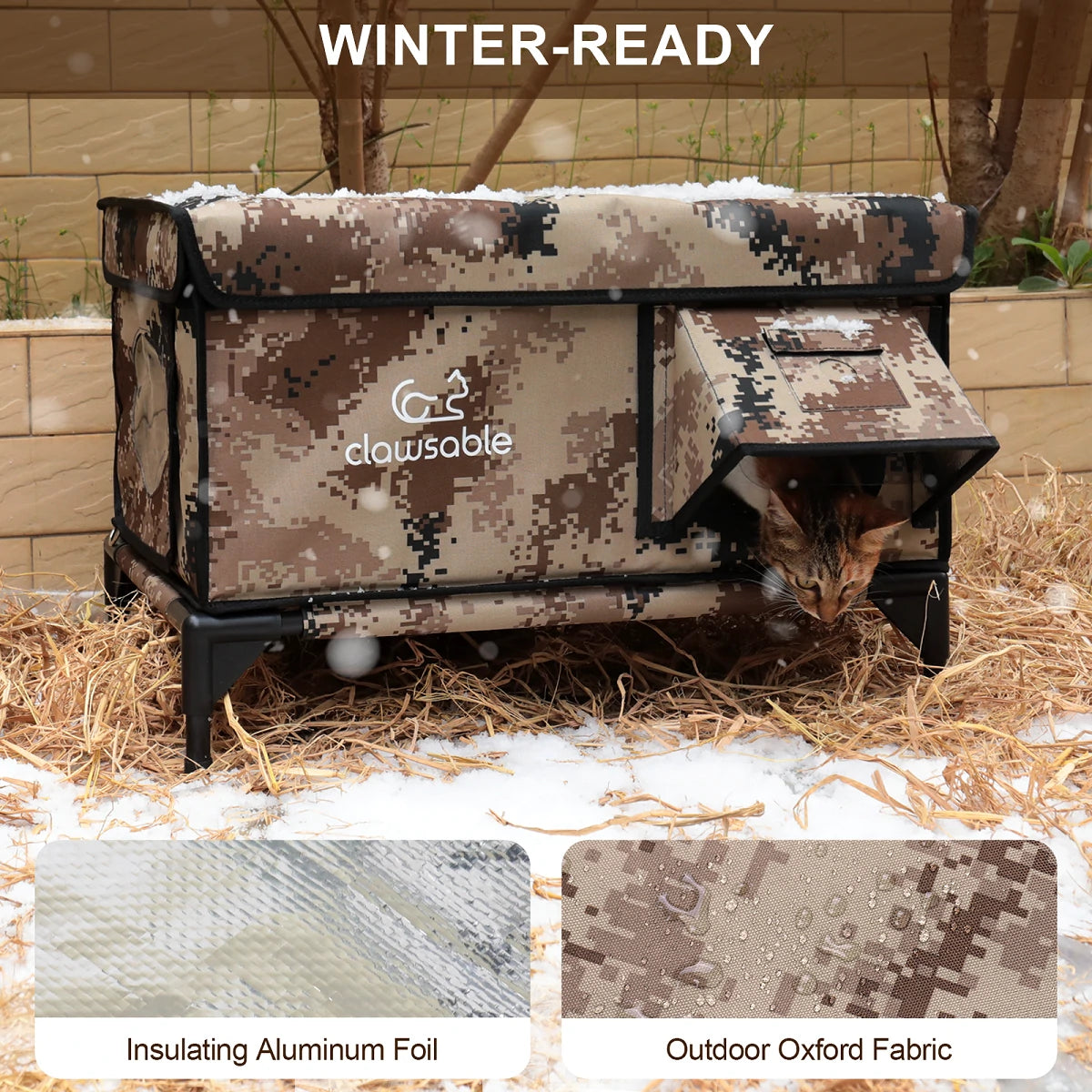 Winter-ready outdoor heated cat house in snow, aluminum foil insulated