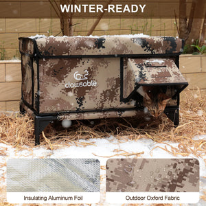 Winter-ready outdoor heated cat house in snow, aluminum foil insulated